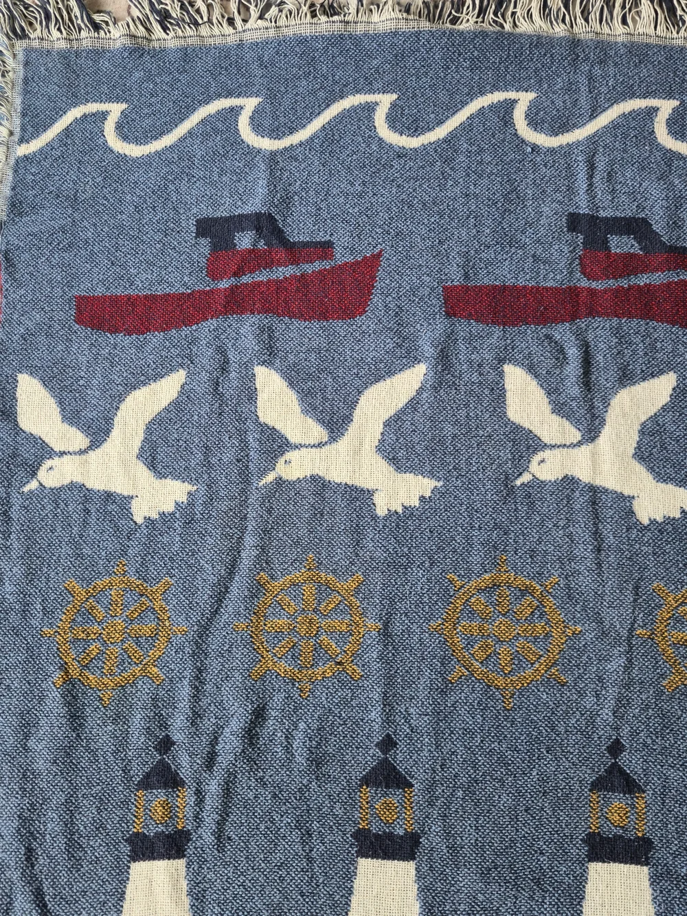 Vintage Nautical Woven Tapestry Throw Blanket 60x47 Coastal Beach Seaside Fringe